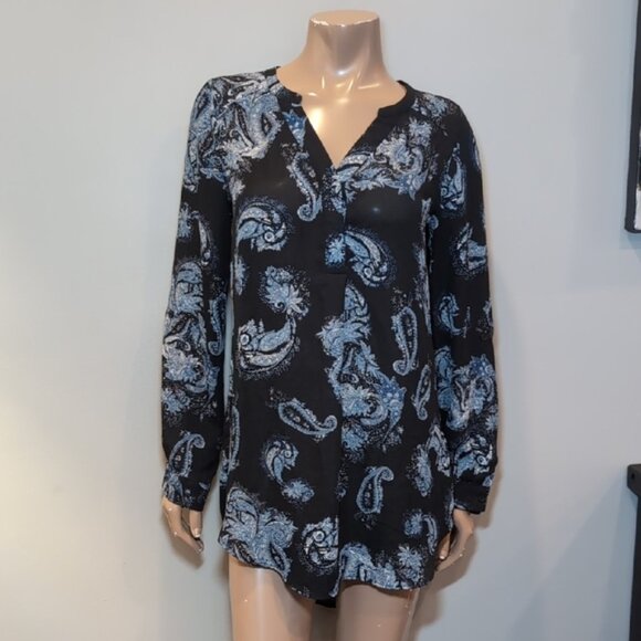 3/$20 Rickis Paisley Shirt Dress Vneck Long Sleeve Mini Tunic Navy Blue Size XS - Picture 2 of 14